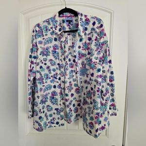 Talbots Women's Blouse Shirt Size L Floral Flp Cuff Long Sleeve 100% Cotton